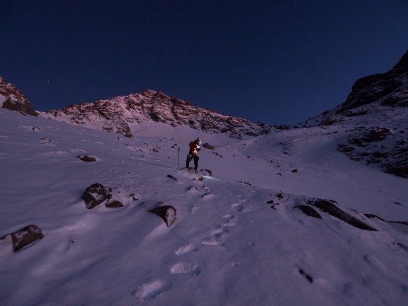 Dawn below Mt. Alma. They were heading for the saddle on the right.