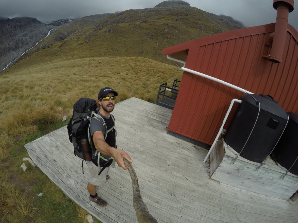 Brewster Hut with glacier behind in cloud