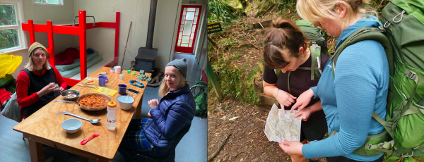 Left: Ros and Marli in Jans Hut. Right: Rebekah and Ros location check on the map.