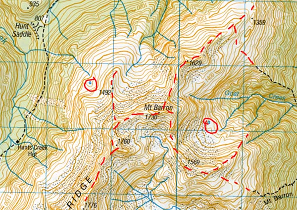 Main travel routes dashed in red. Potential campsites/water sources circled