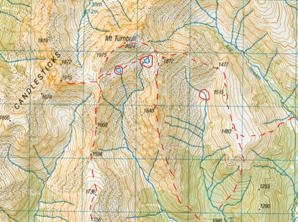 Main travel routes dashed in red with [potential campsites and water sources circled. 