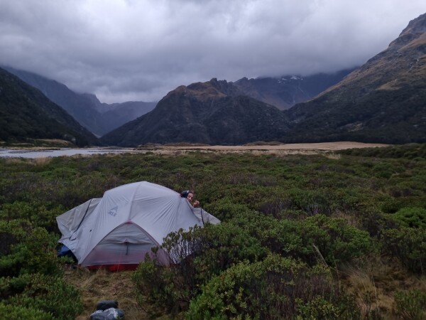 Emerging from the tent after a spell of heavy rain