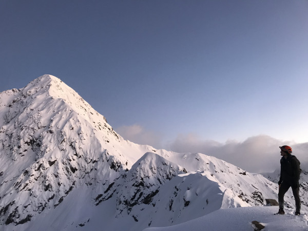 Rose Pearson at the turn around point looking up at Mt Rolleston Low Peak. PHOTO/SUPPLIED